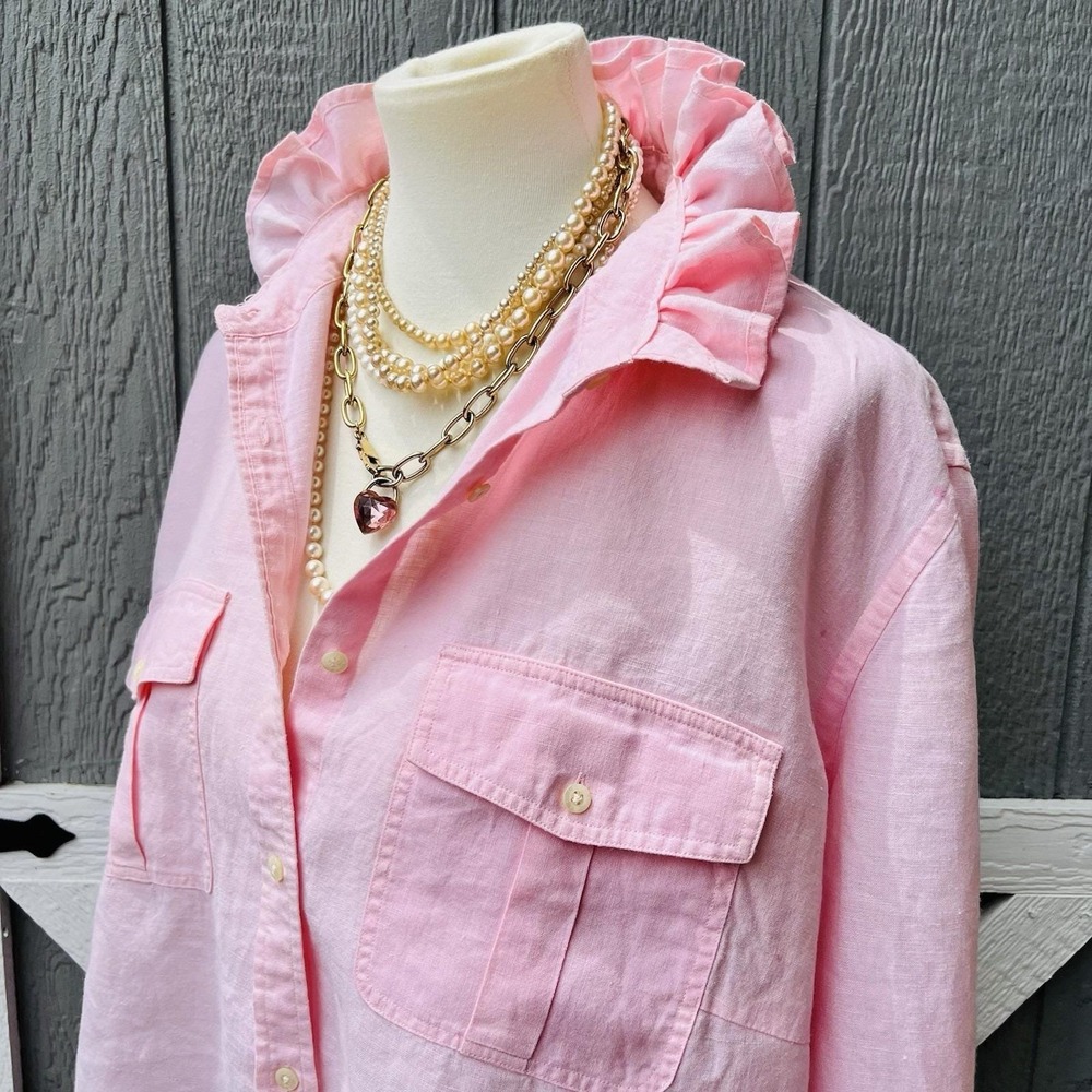 Upcycled Re-worked Lauren Ralph Lauren Shell Pink Linen Ruffle Collar Shirt XL - Picture 3 of 9